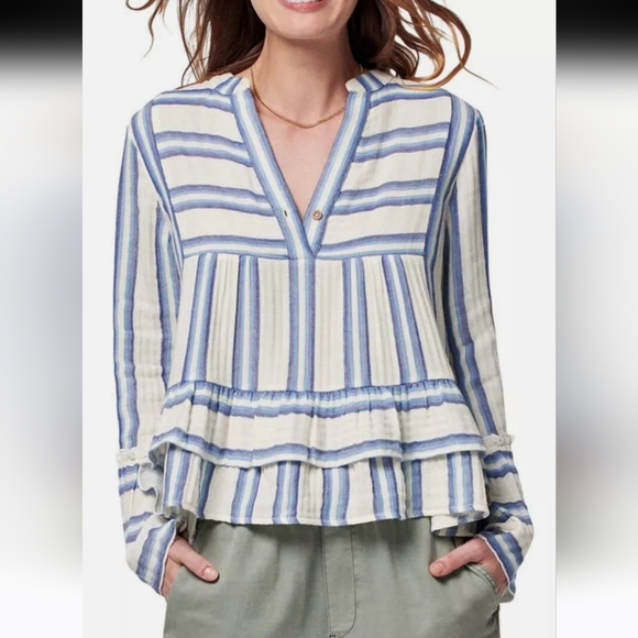 Faherty Vida Baja Striped bell sleeve soft‎ cotton gauze V neck ruffle top - Picture 1 of 13
